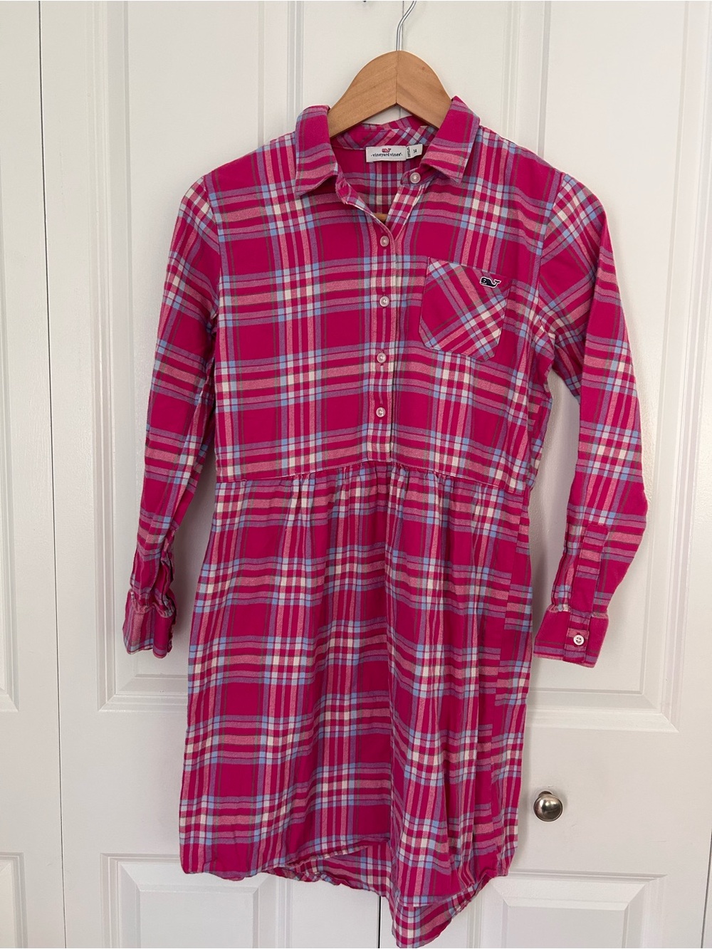 Vineyard Vines girls flannel pink plaid collared shirt dress size 14 cotton